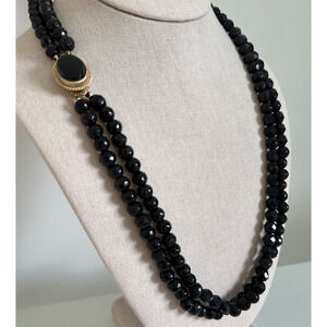 Antique Vintage Black Jet Faceted Bead Double Strand Long Statement Necklace 30"